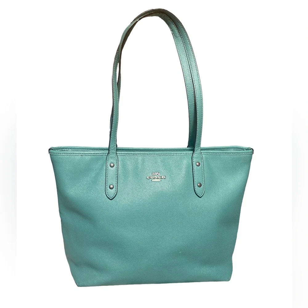 CITY TOTE WITH ZIPPER (COACH F57522) BLUE GREEN/BLACK ANTIQUE NICKEL